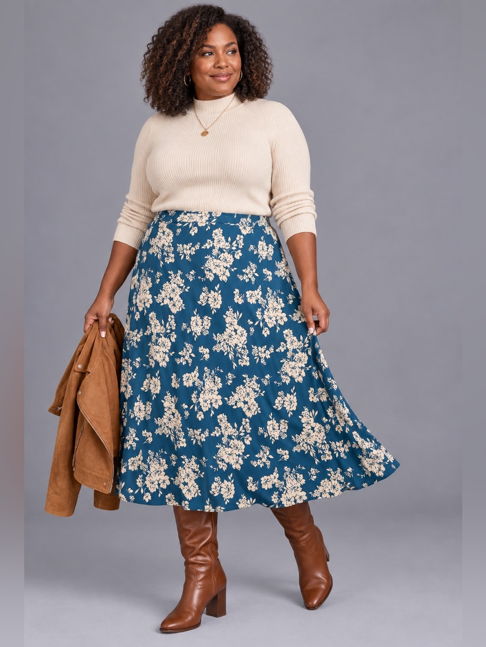 Blue Ivory Floral Midi Skirt XL Elastic Waist A Line